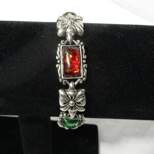 Pretty Rainbow Multi-Color Cabochon Silver-tone Floral Link Bracelet
